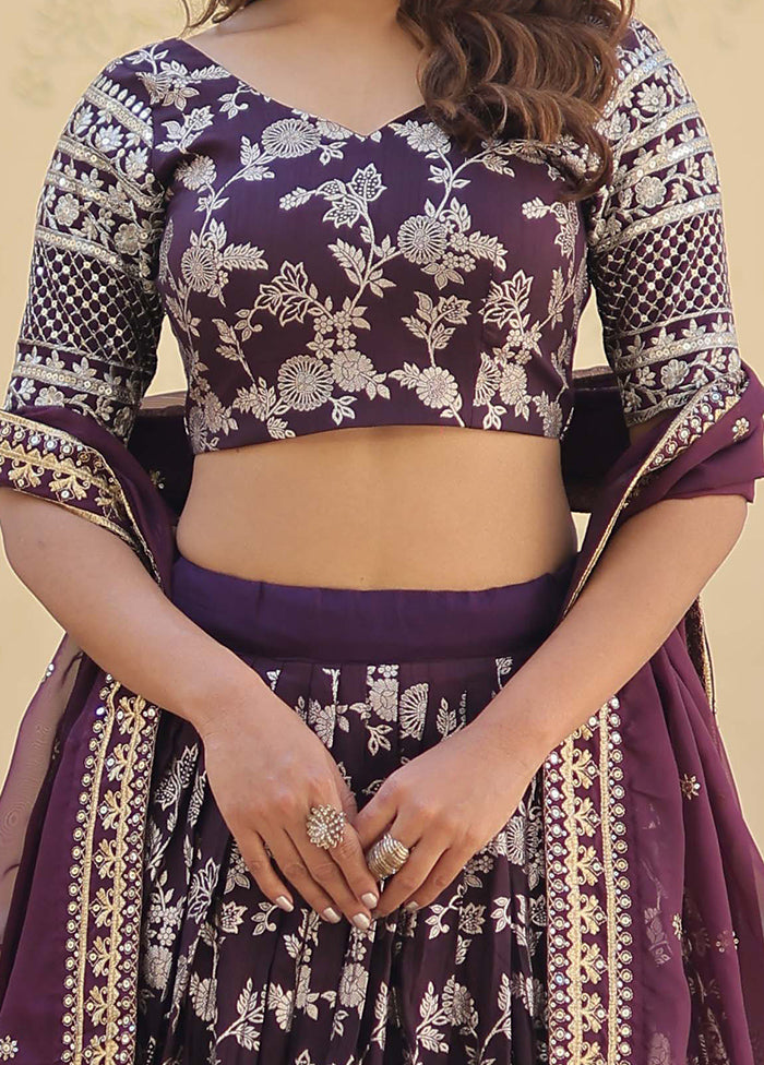 3 Pc Wine Viscose Semi Stitched Lehenga Set