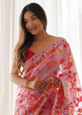 Pink Banarasi Silk Saree With Blouse Piece