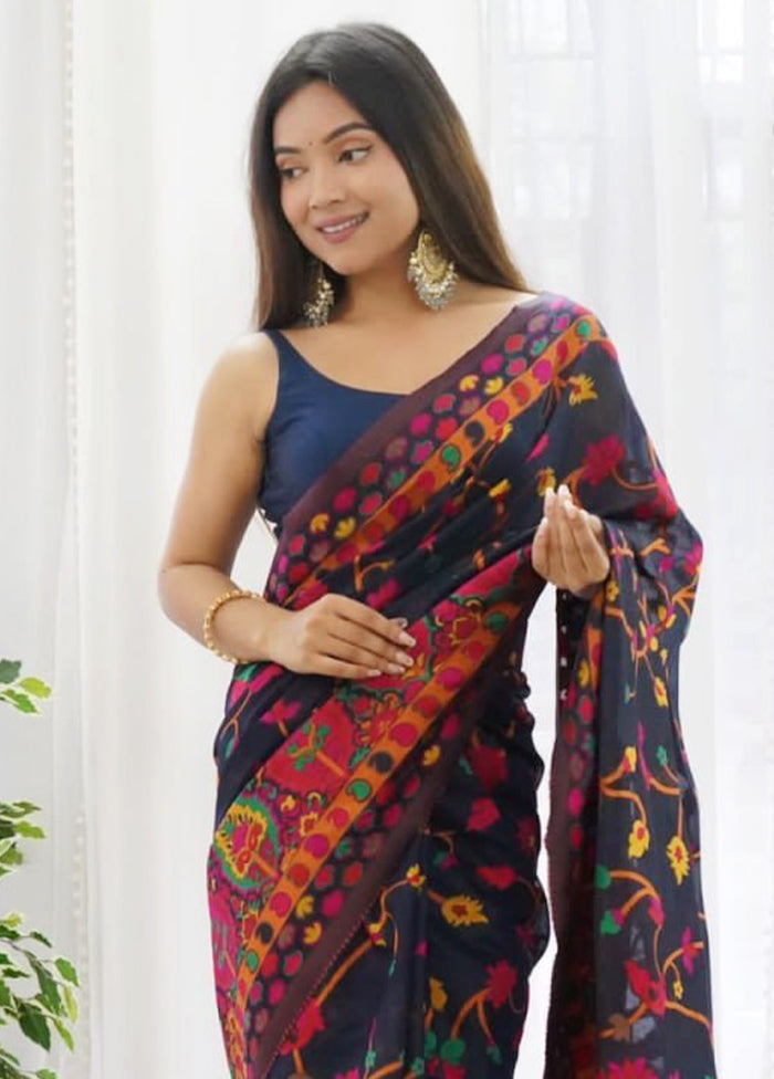 Navy Blue Banarasi Silk Saree With Blouse Piece