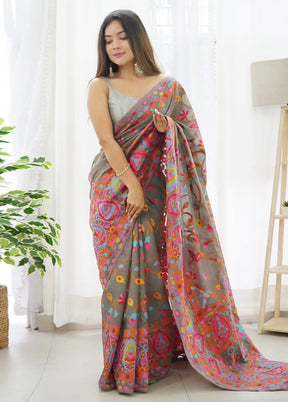 Grey Banarasi Silk Saree With Blouse Piece