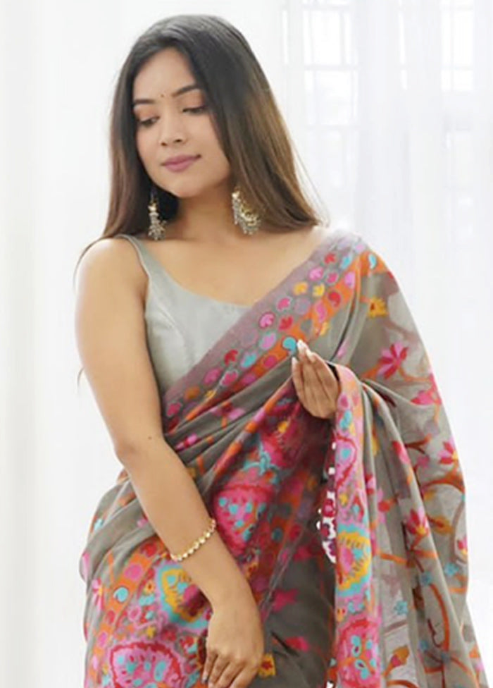 Grey Banarasi Silk Saree With Blouse Piece