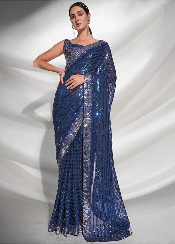 Navy Blue Georgette Saree With Blouse Piece - Indian Silk House Agencies