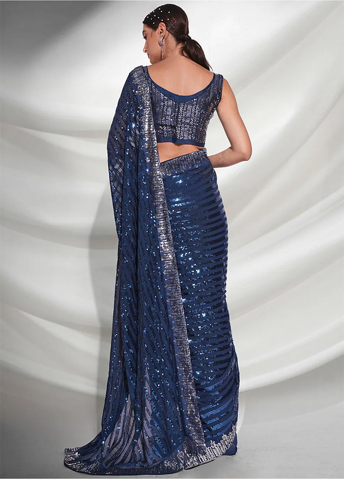 Navy Blue Georgette Saree With Blouse Piece - Indian Silk House Agencies