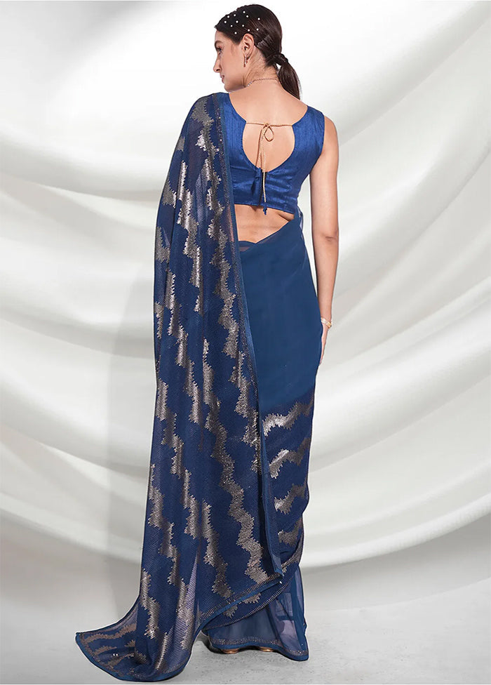 Navy Blue Georgette Saree With Blouse Piece - Indian Silk House Agencies