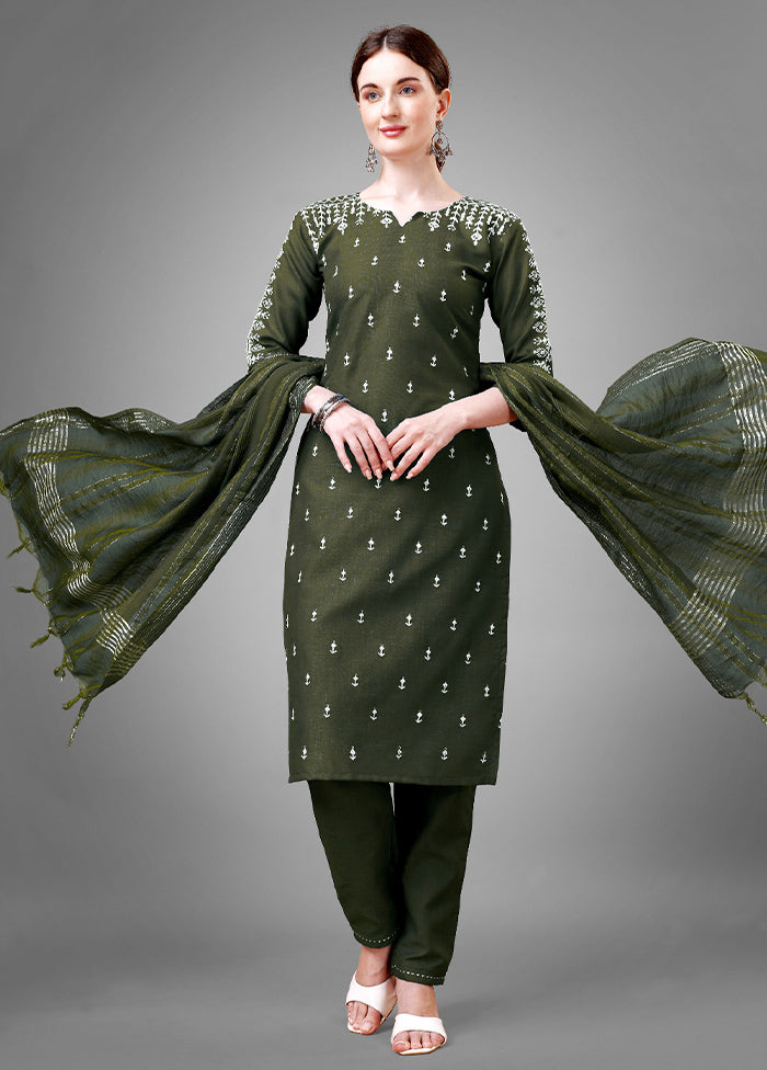 3 Pc Dark Green Readymade Cotton Suit Set