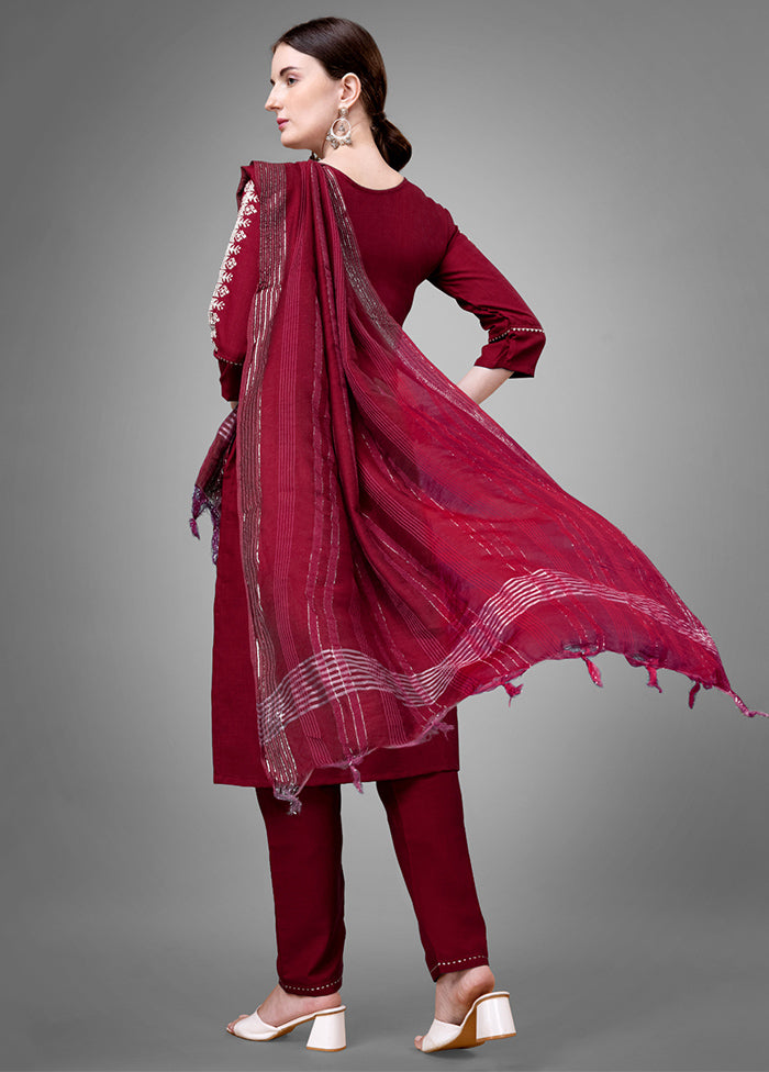 3 Pc Maroon Readymade Cotton Suit Set