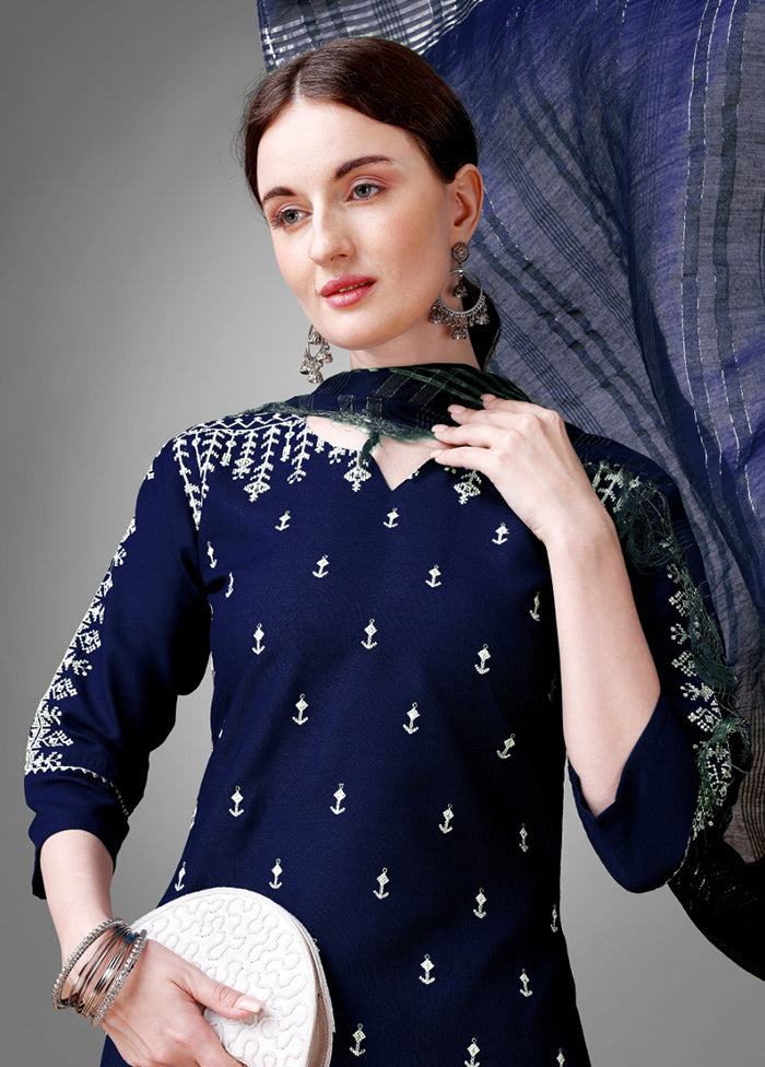 3 Pc Navy Blue Readymade Cotton Suit Set