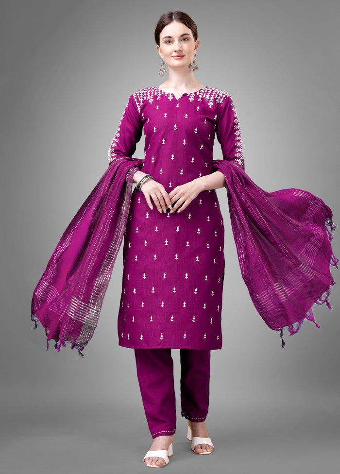 3 Pc Purple Readymade Cotton Suit Set