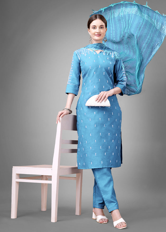 3 Pc Sky Blue Readymade Cotton Suit Set