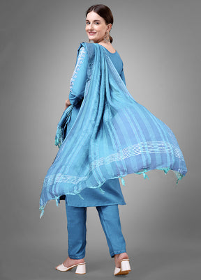 3 Pc Sky Blue Readymade Cotton Suit Set