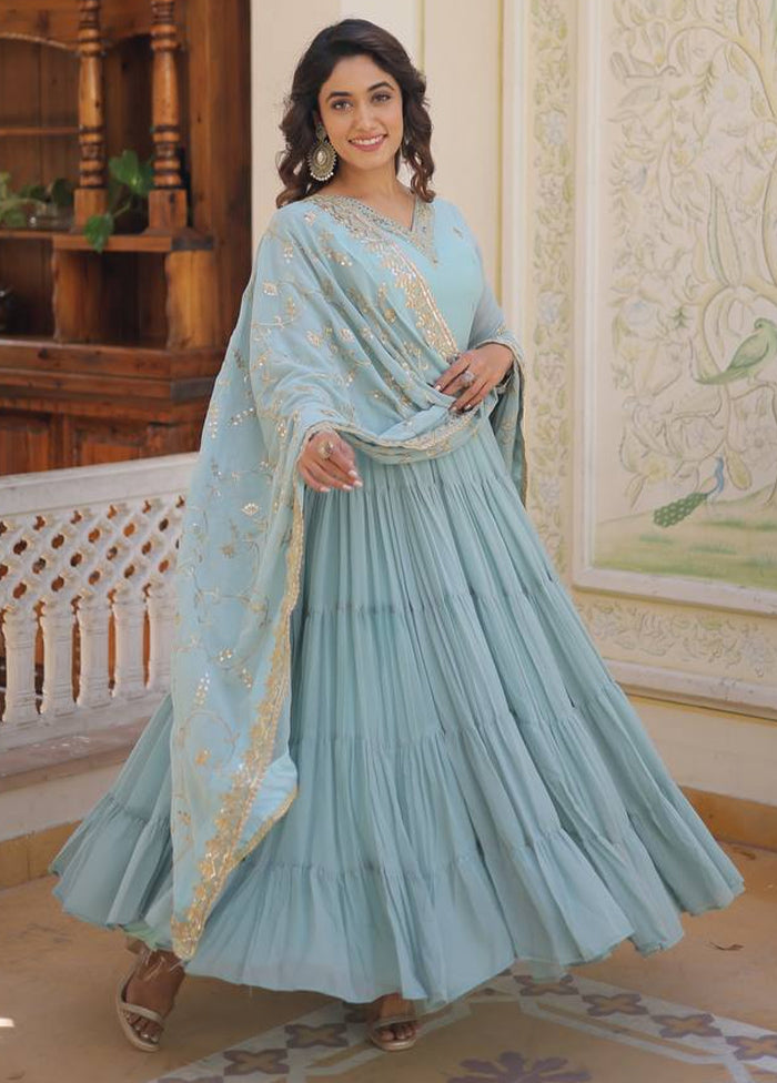 Sky Blue Readymade Georgette Dupatta Indian Dress