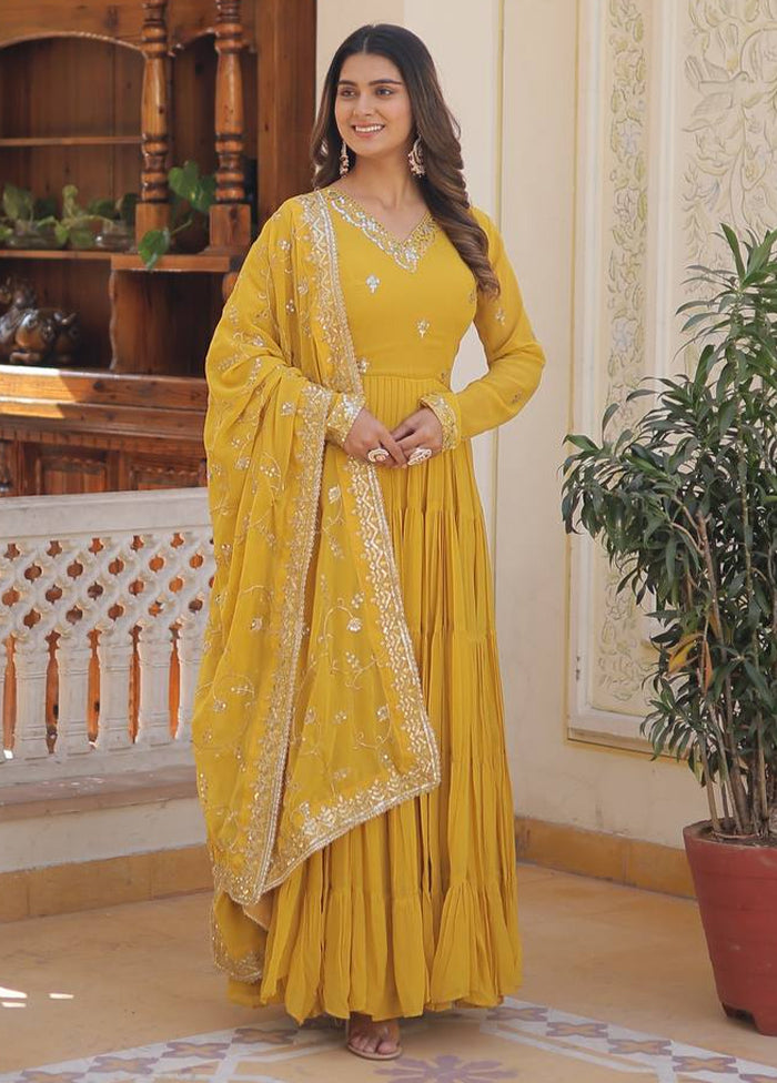 Yellow Readymade Georgette Dupatta Indian Dress