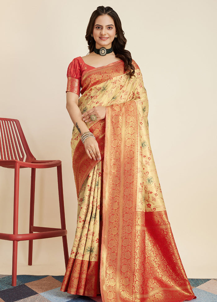 Yellow Dupion Silk Saree With Blouse Piece