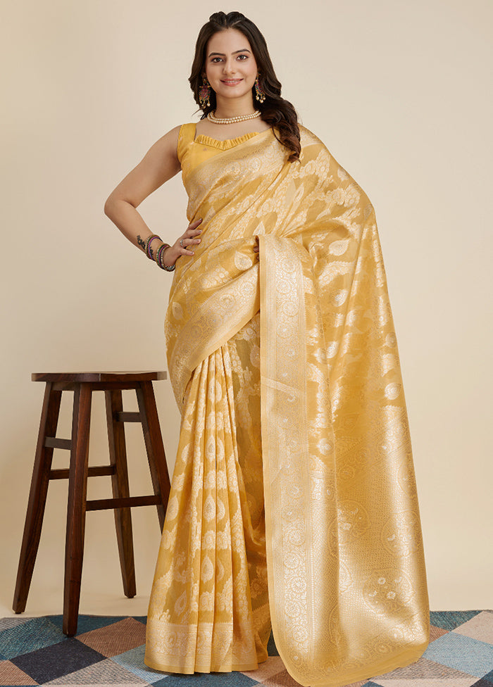 Yellow Dupion Silk Saree With Blouse Piece