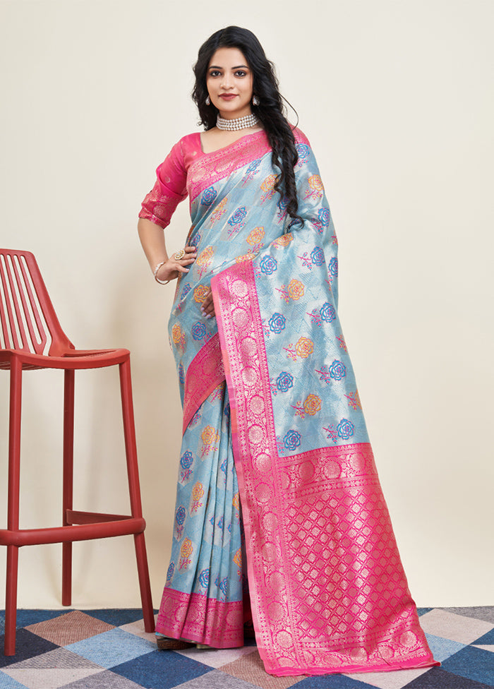 Blue Banarasi Silk Saree With Blouse Piece