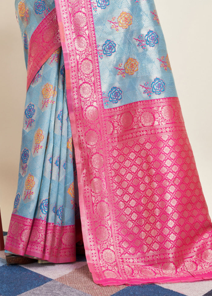 Blue Banarasi Silk Saree With Blouse Piece