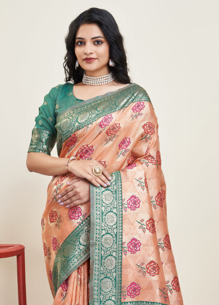 Peach Banarasi Silk Saree With Blouse Piece