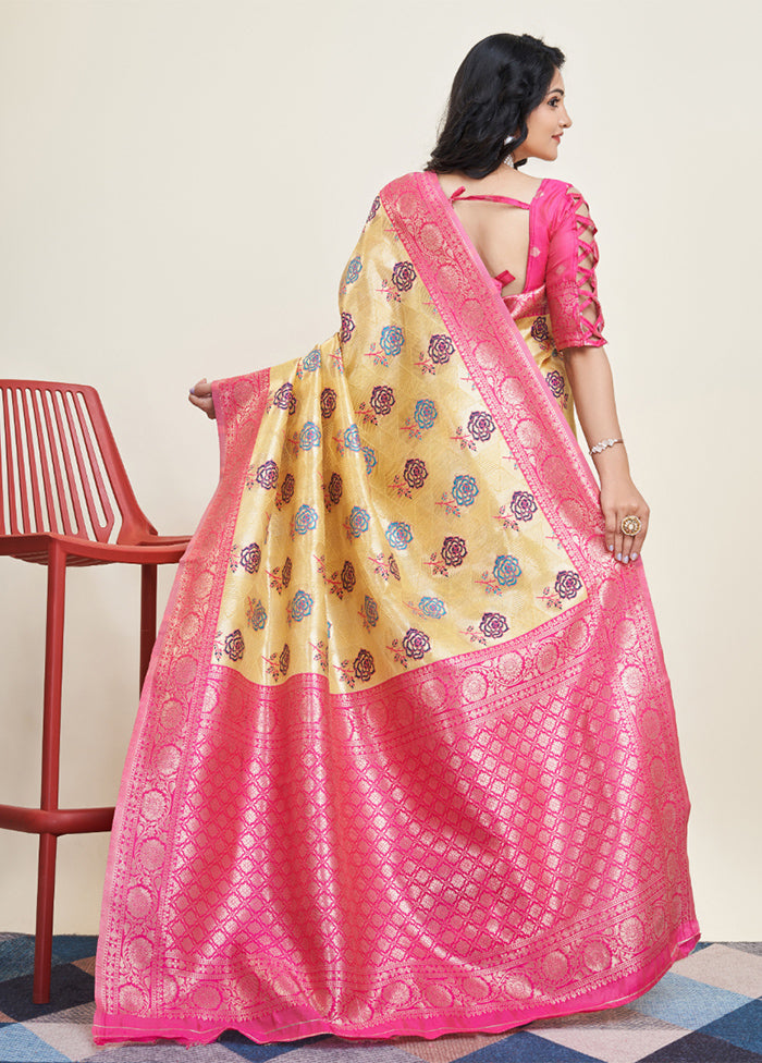 Yellow Banarasi Silk Saree With Blouse Piece