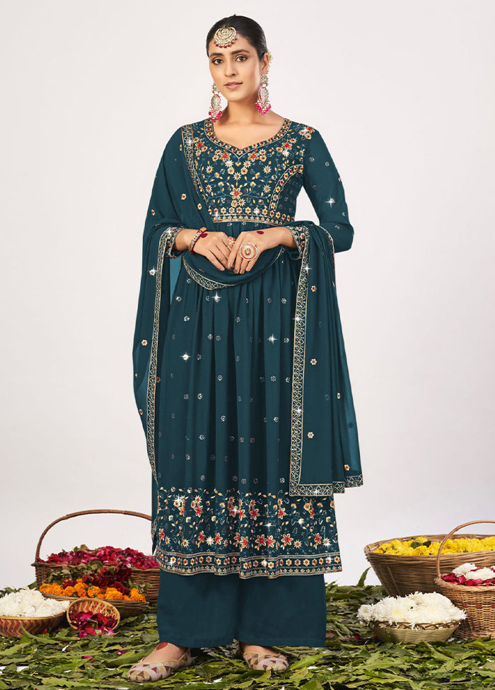 3 Pc Teal Semi Stitched Georgette Suit Set