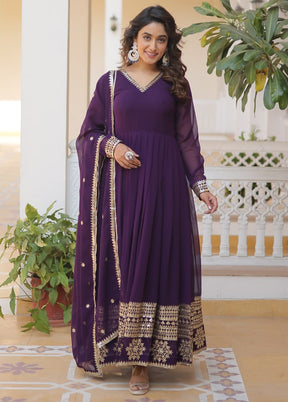 Purple Readymade Silk Dupatta Indian Dress