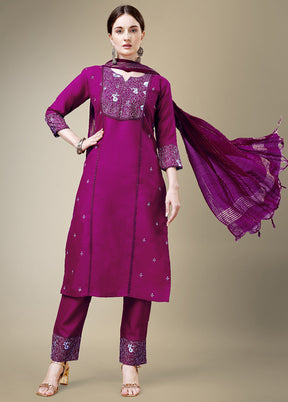 3 Pc Purple Readymade Cotton Suit Set