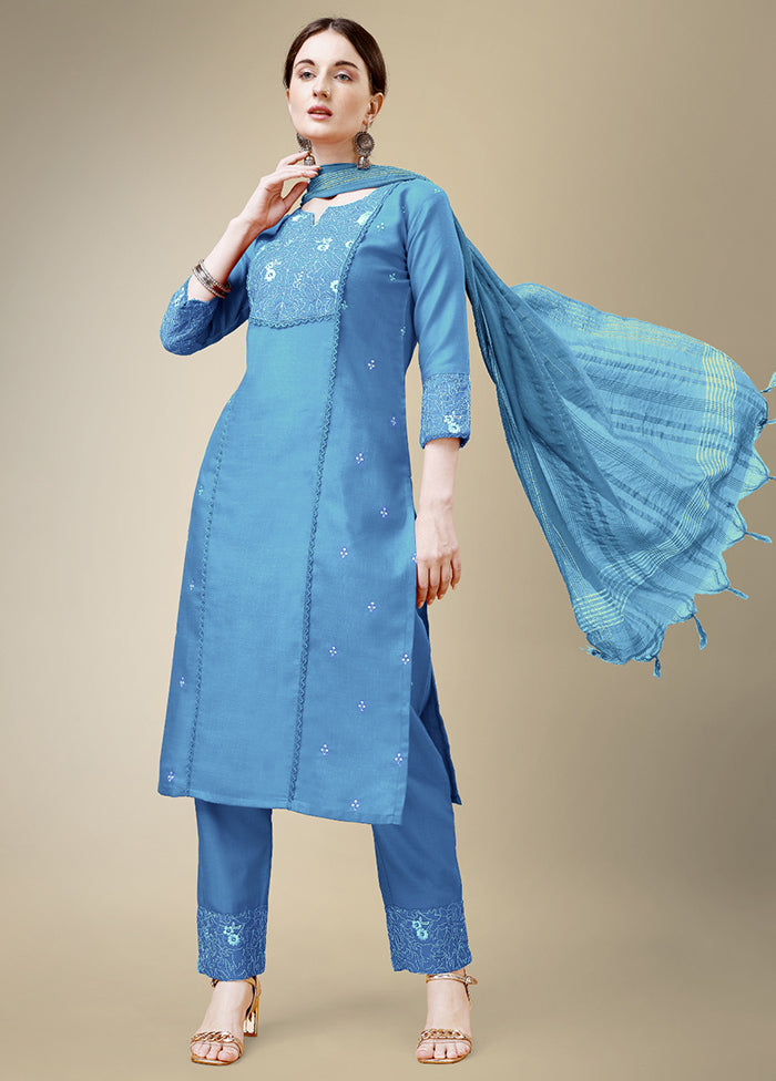 3 Pc Sky Blue Readymade Cotton Suit Set