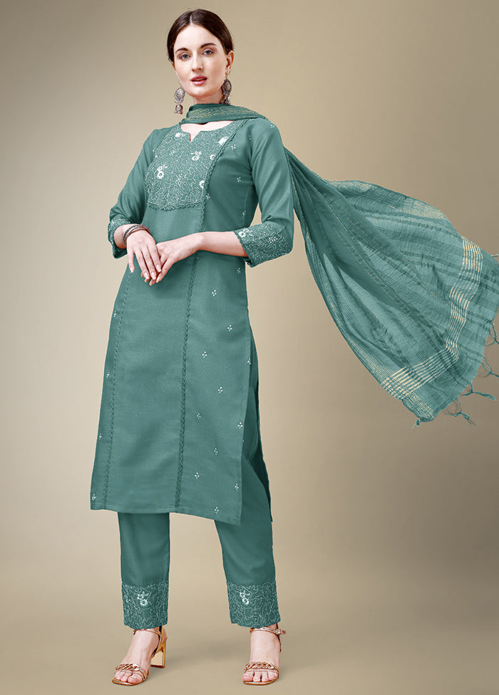 3 Pc Teal Readymade Cotton Suit Set