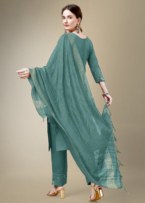 3 Pc Teal Readymade Cotton Suit Set