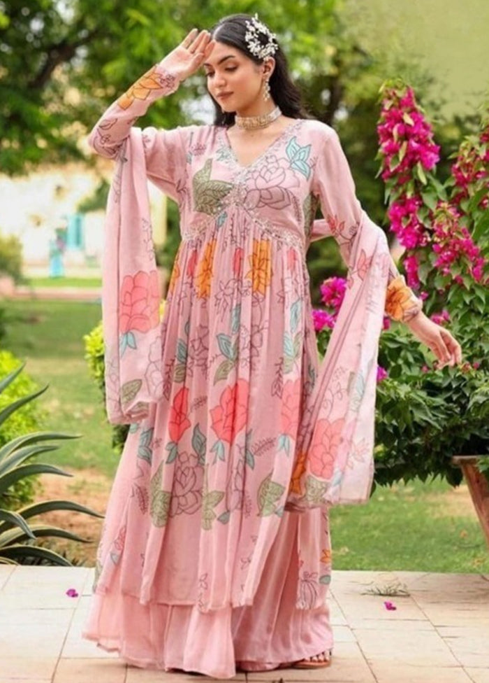 3 Pc Pink Readymade Georgette Suit Set