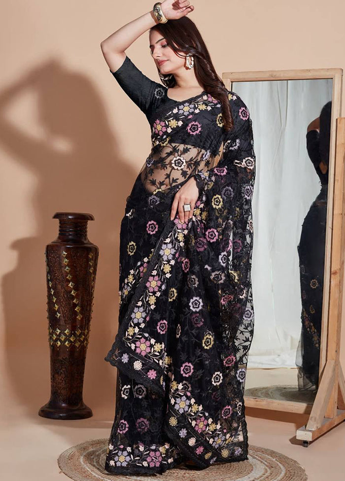 Black Net Net Saree With Blouse Piece