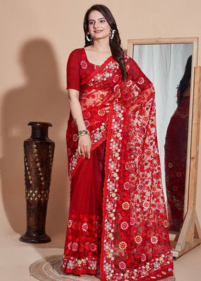 Red Net Saree With Blouse Piece