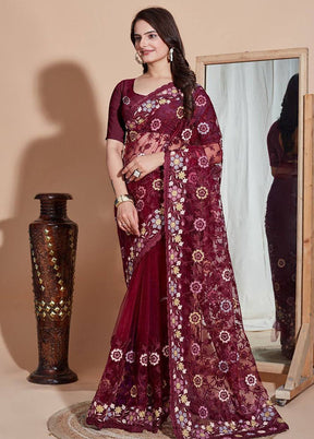 Wine Net Saree With Blouse Piece