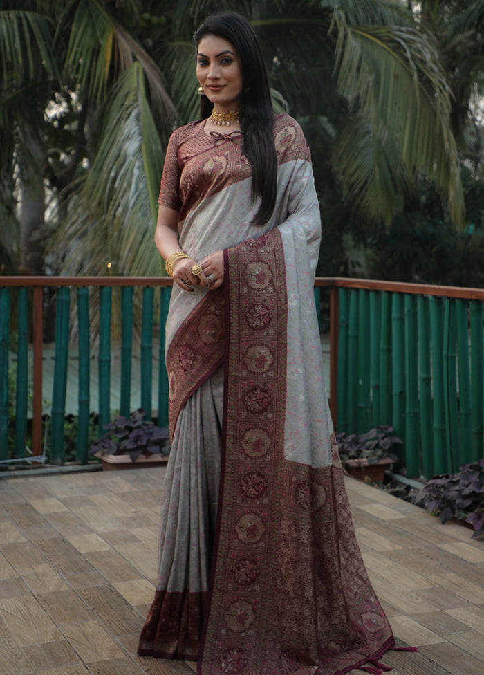 Grey Dupion Silk Saree With Blouse Piece