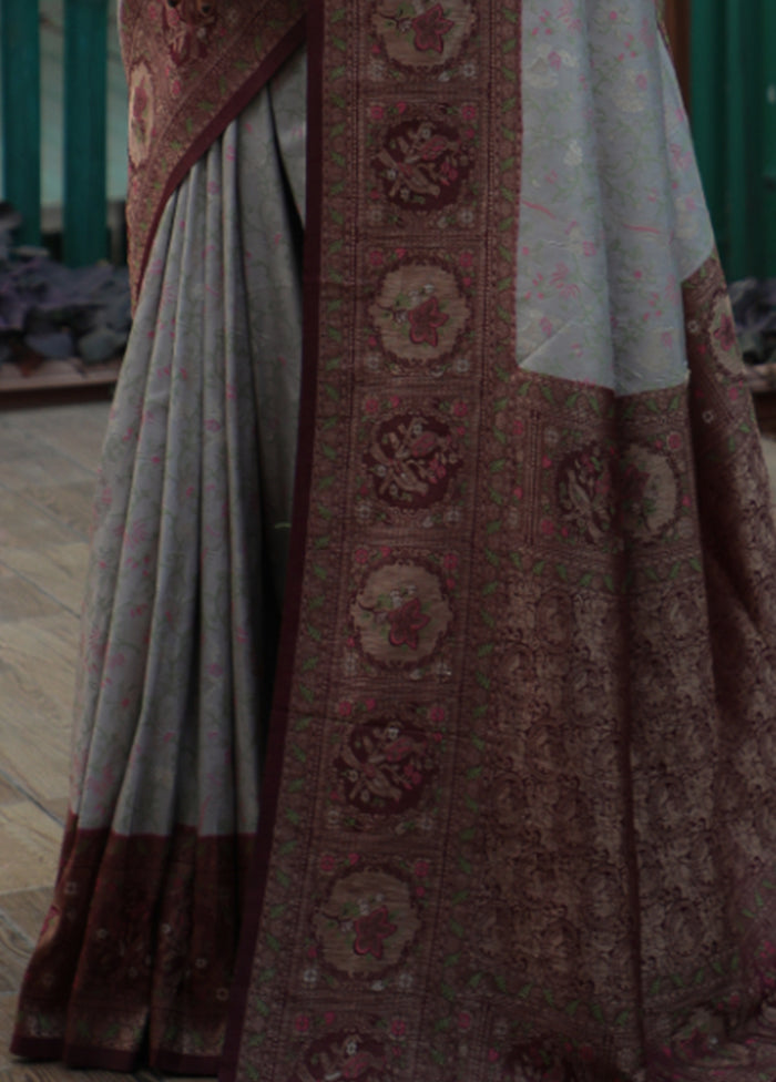 Grey Dupion Silk Saree With Blouse Piece