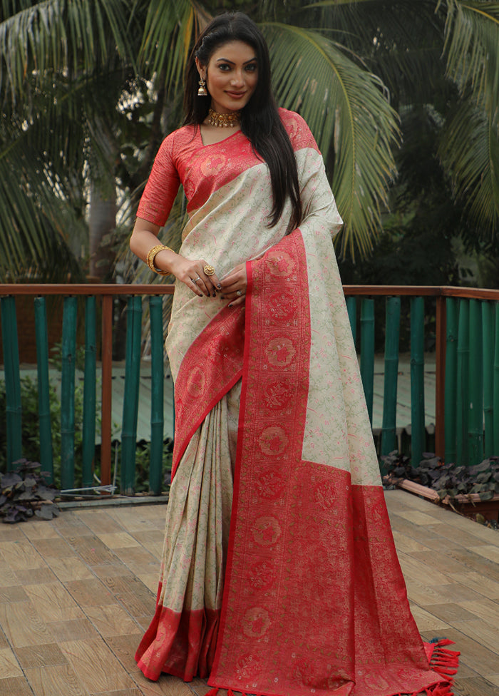 Off White Dupion Silk Saree With Blouse Piece