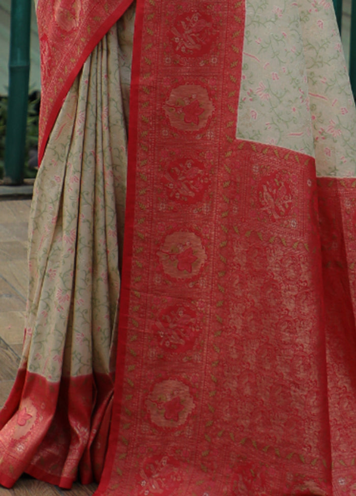 Off White Dupion Silk Saree With Blouse Piece