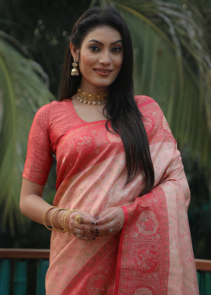 Peach Dupion Silk Saree With Blouse Piece