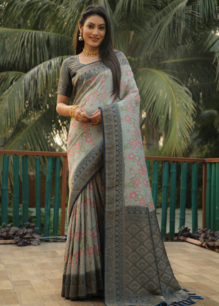 Grey Dupion Silk Saree With Blouse Piece