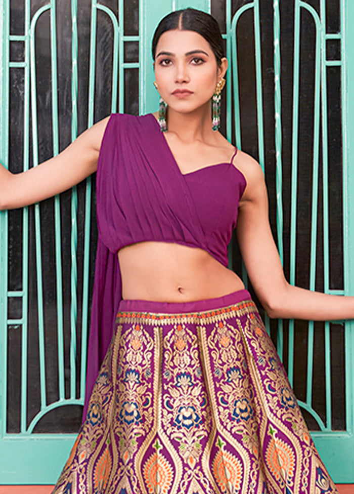 3 Pc Purple Silk Semi Stitched Lehenga Set