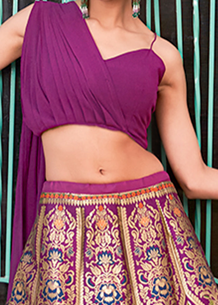 3 Pc Purple Silk Semi Stitched Lehenga Set