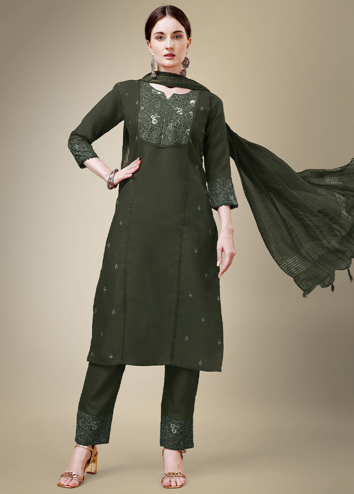 3 Pc Dark Green Readymade Cotton Suit Set