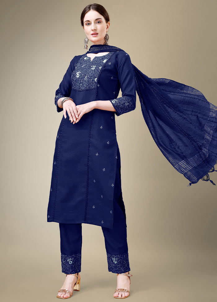 3 Pc Navy Blue Readymade Cotton Suit Set