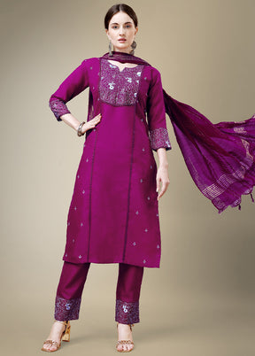 3 Pc Purple Readymade Cotton Suit Set