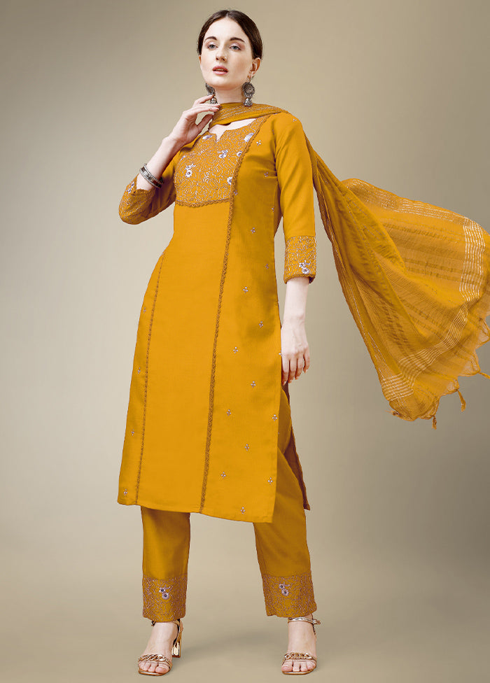 3 Pc Yellow Readymade Cotton Suit Set