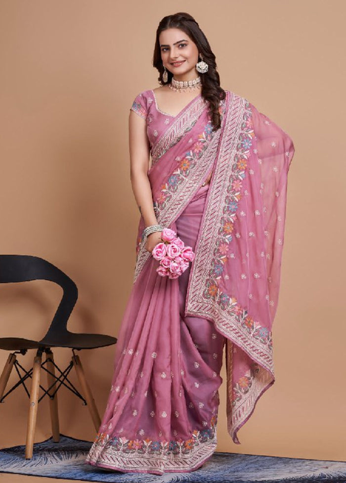 Mauve Organza Saree With Blouse Piece