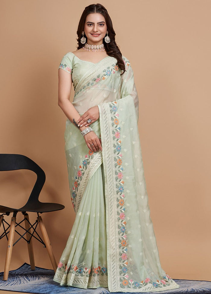 Pista Green Organza Saree With Blouse Piece