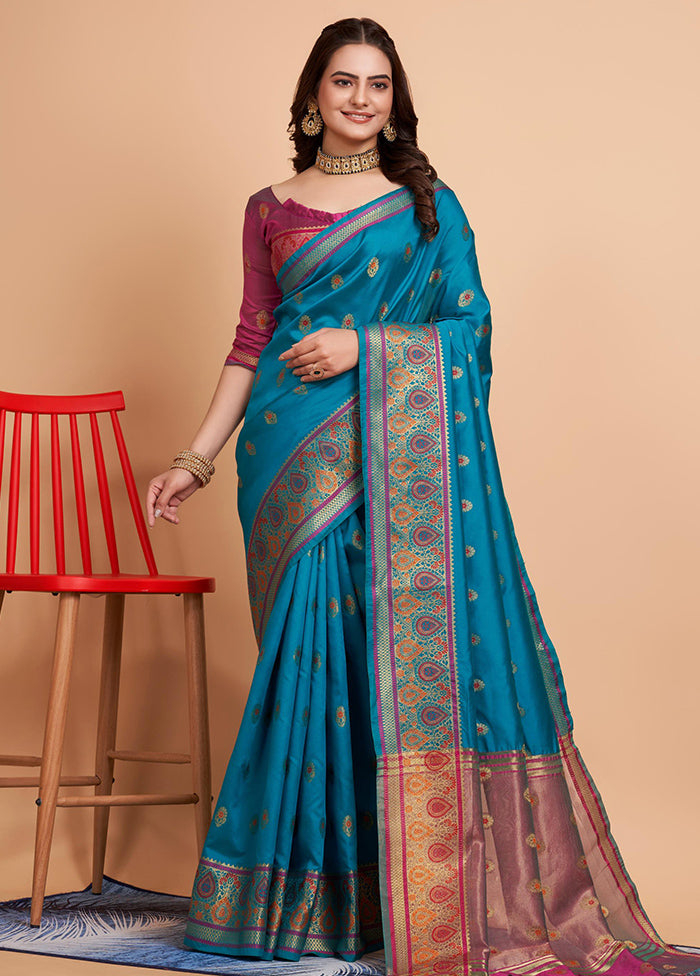 Blue Dupion Silk Saree With Blouse Piece