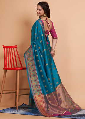 Blue Dupion Silk Saree With Blouse Piece