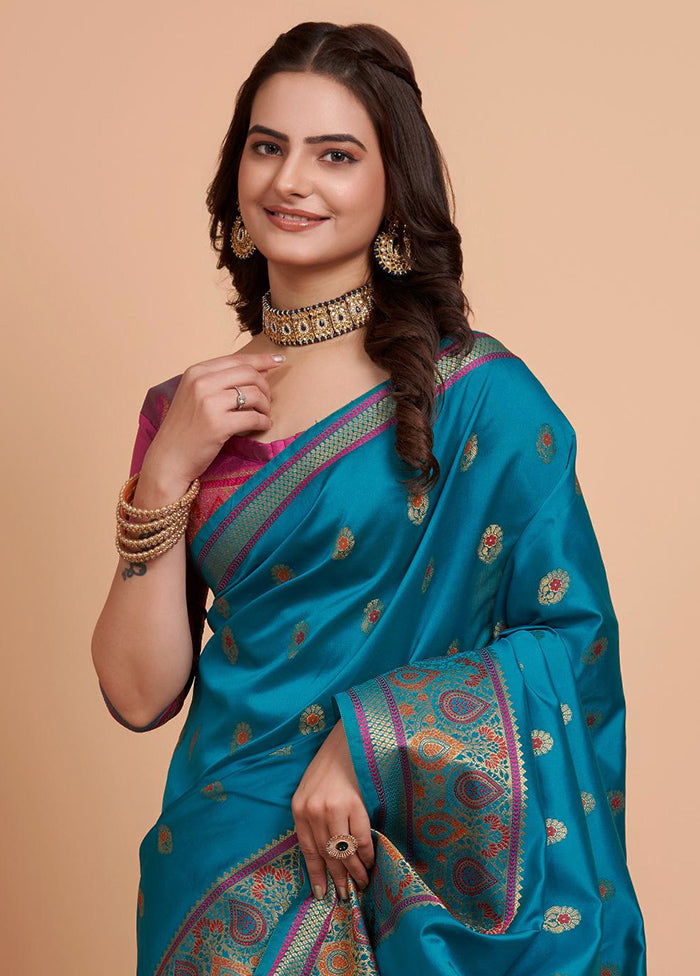 Blue Dupion Silk Saree With Blouse Piece