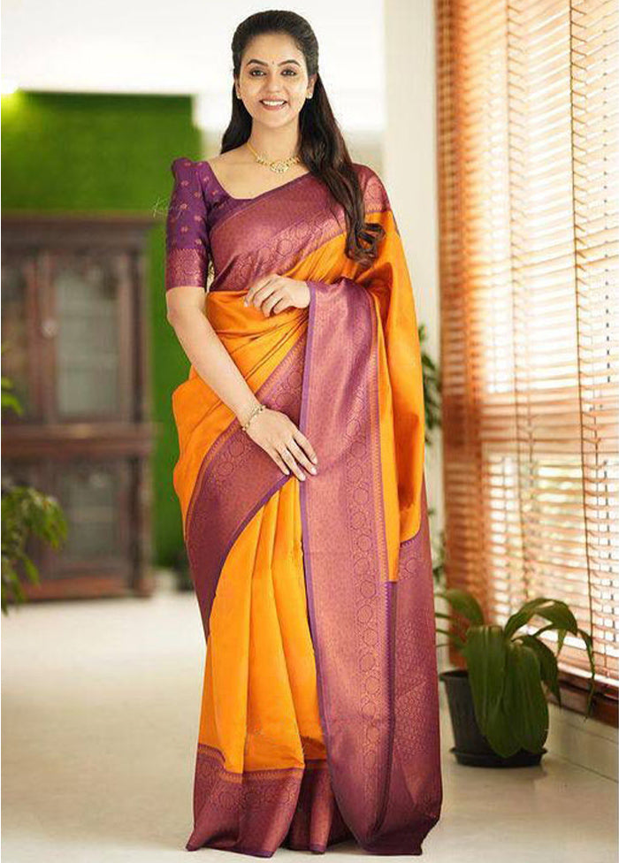 Mustard Banarasi Silk Saree With Blouse Piece